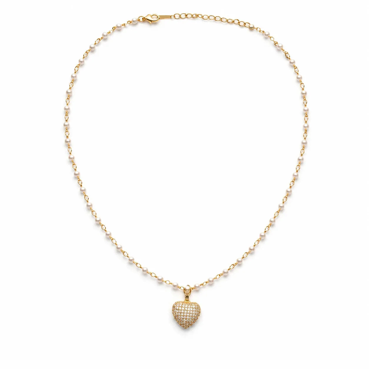 Gold necklace with a heart-shaped pendant on a white background
