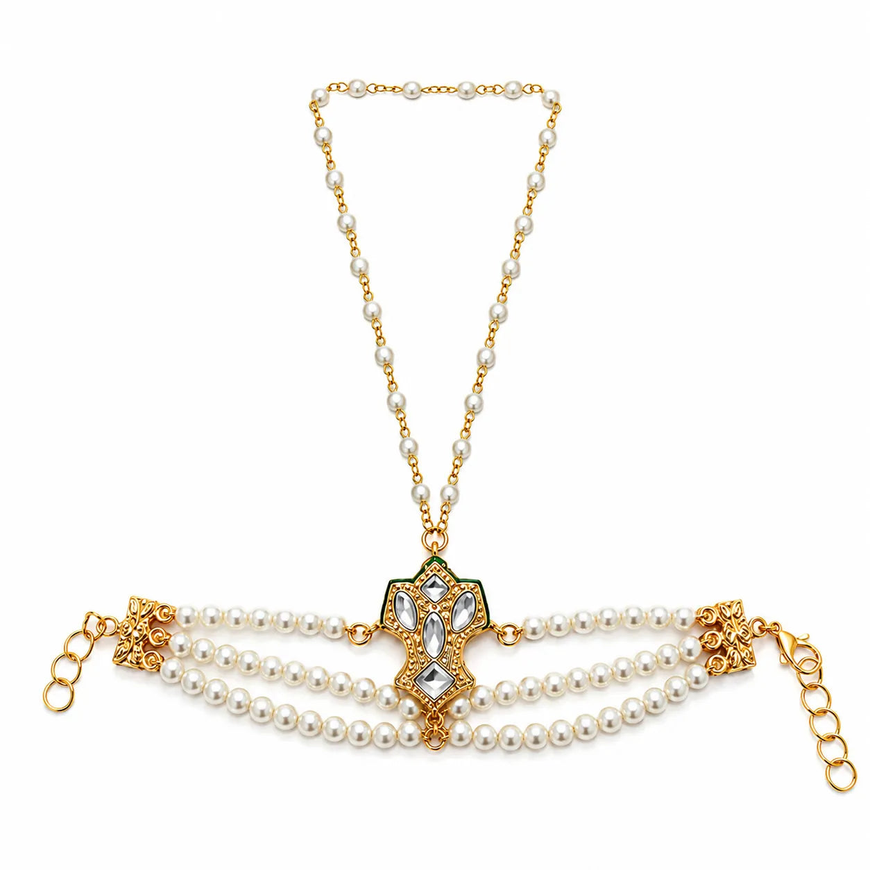 Gold and pearl bracelet on a white background