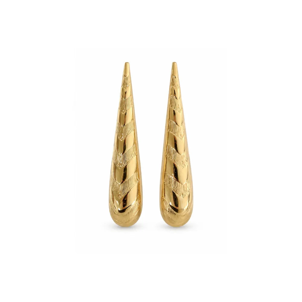 Pair of gold teardrop-shaped earrings on a white background