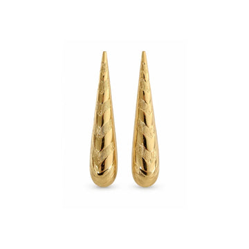 Pair of gold teardrop-shaped earrings on a white background
