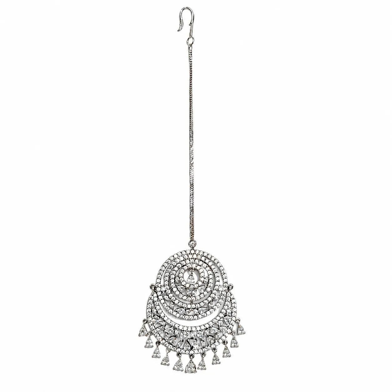 Silver earrings with intricate design on a white background