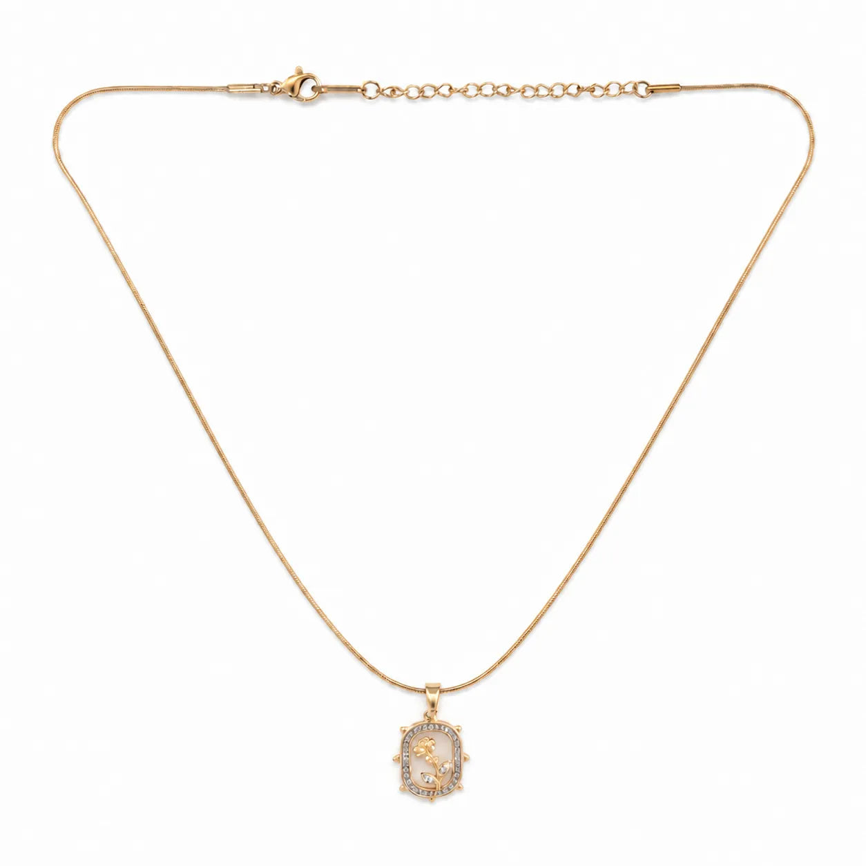 Gold necklace with a pendant on a white background