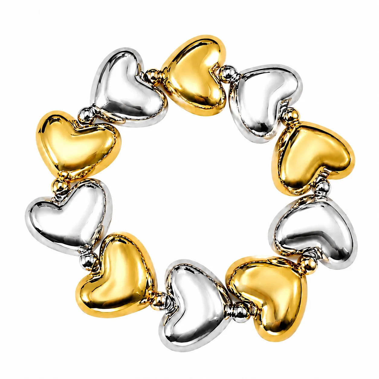 Bracelet with alternating gold and silver heart-shaped links on a white background