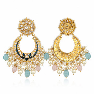 Kundan Chandbali Earrings with Navy Blue Meenakari & Turquoise Pearl Drops