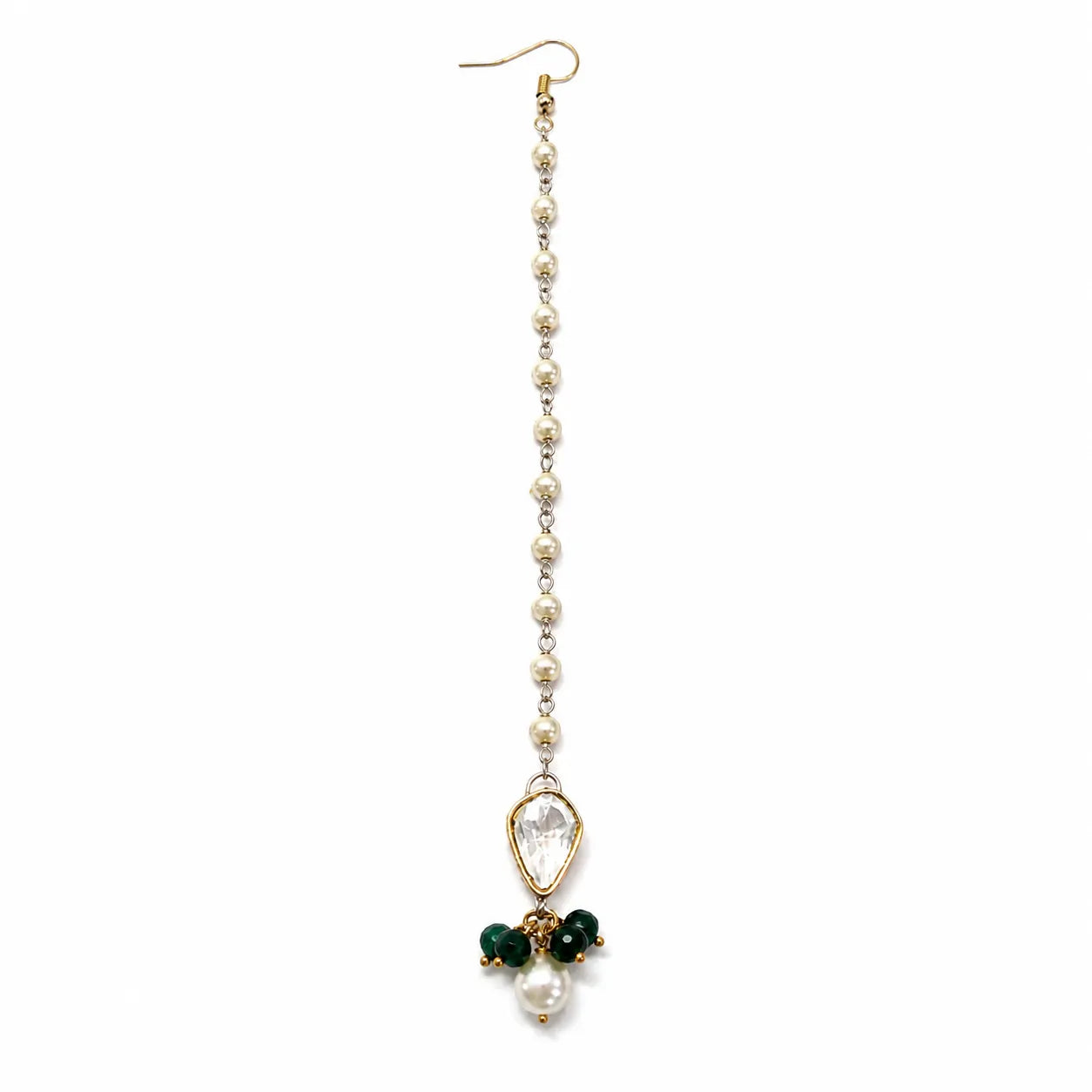 Earring with pearls, crystals, and green gemstones on a white background