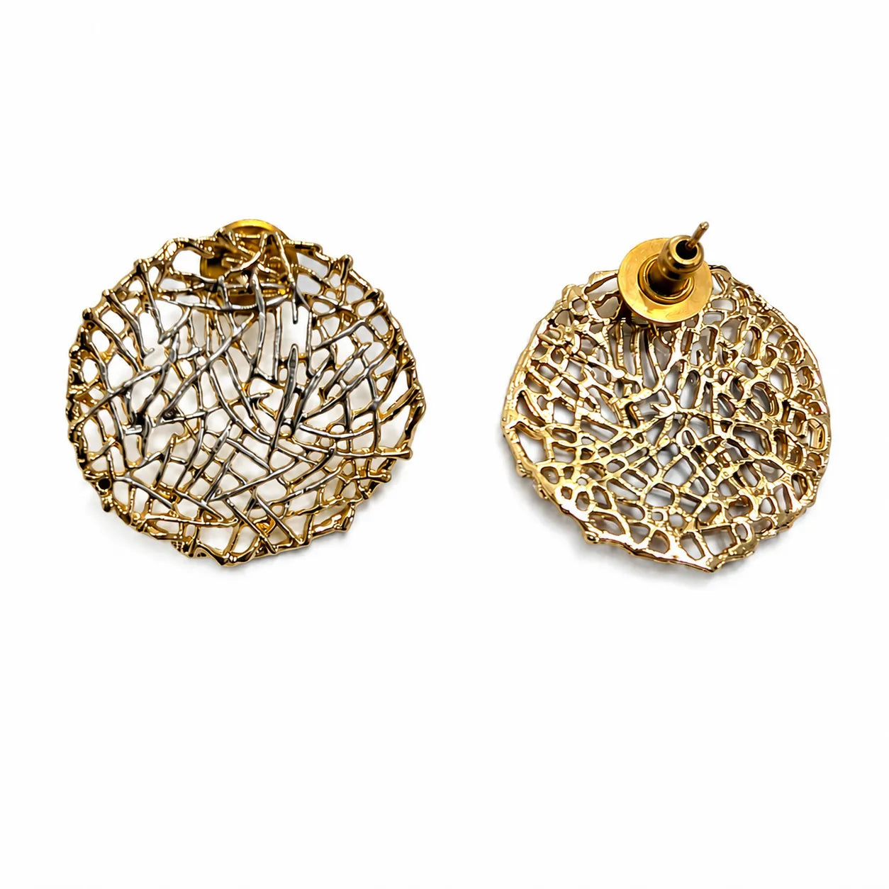 Gold lace-style earrings on a white background
