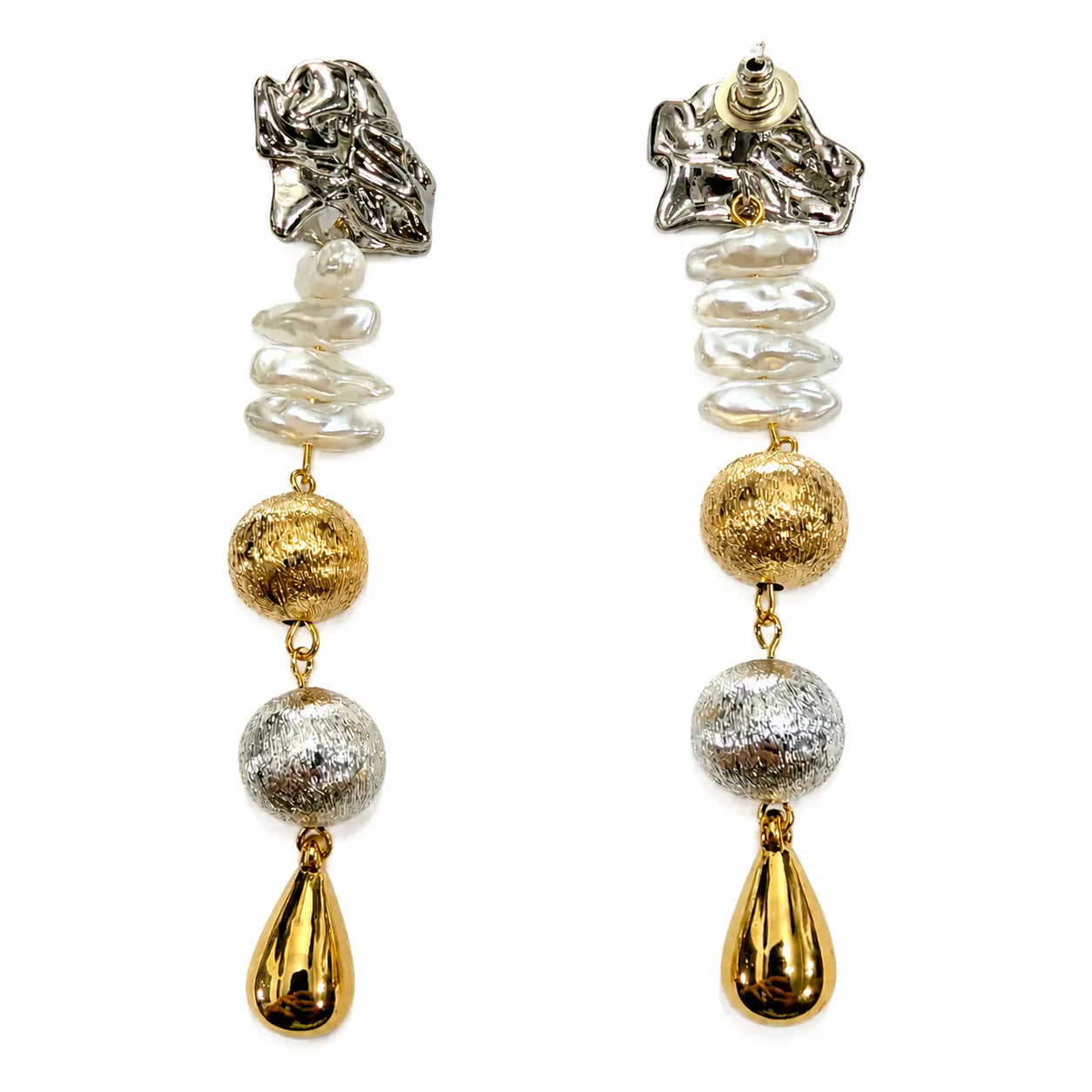 Pair of earrings with gold and silver beads on a white background
