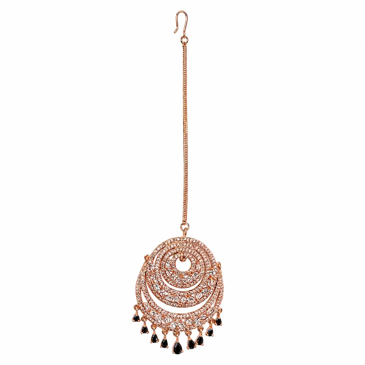 Rose gold earrings with circular design and black accents on a white background