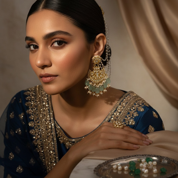 Three Pearl Layered Ear Chain in Green with Kundan (set of 2)