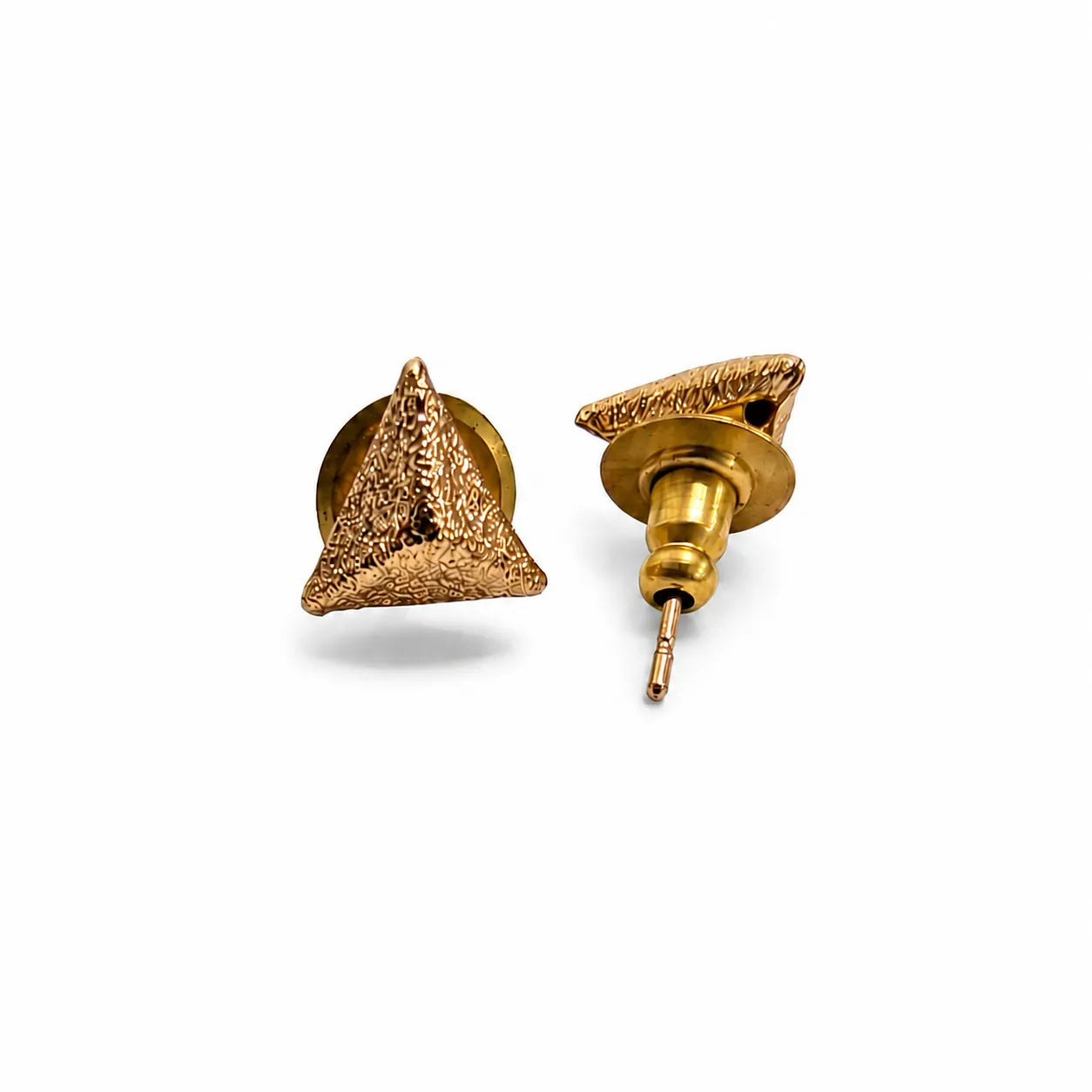 Gold triangle-shaped earrings on a white background