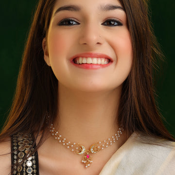 Saheliyan Double Pearl Strand Necklace with Ruby Pendant