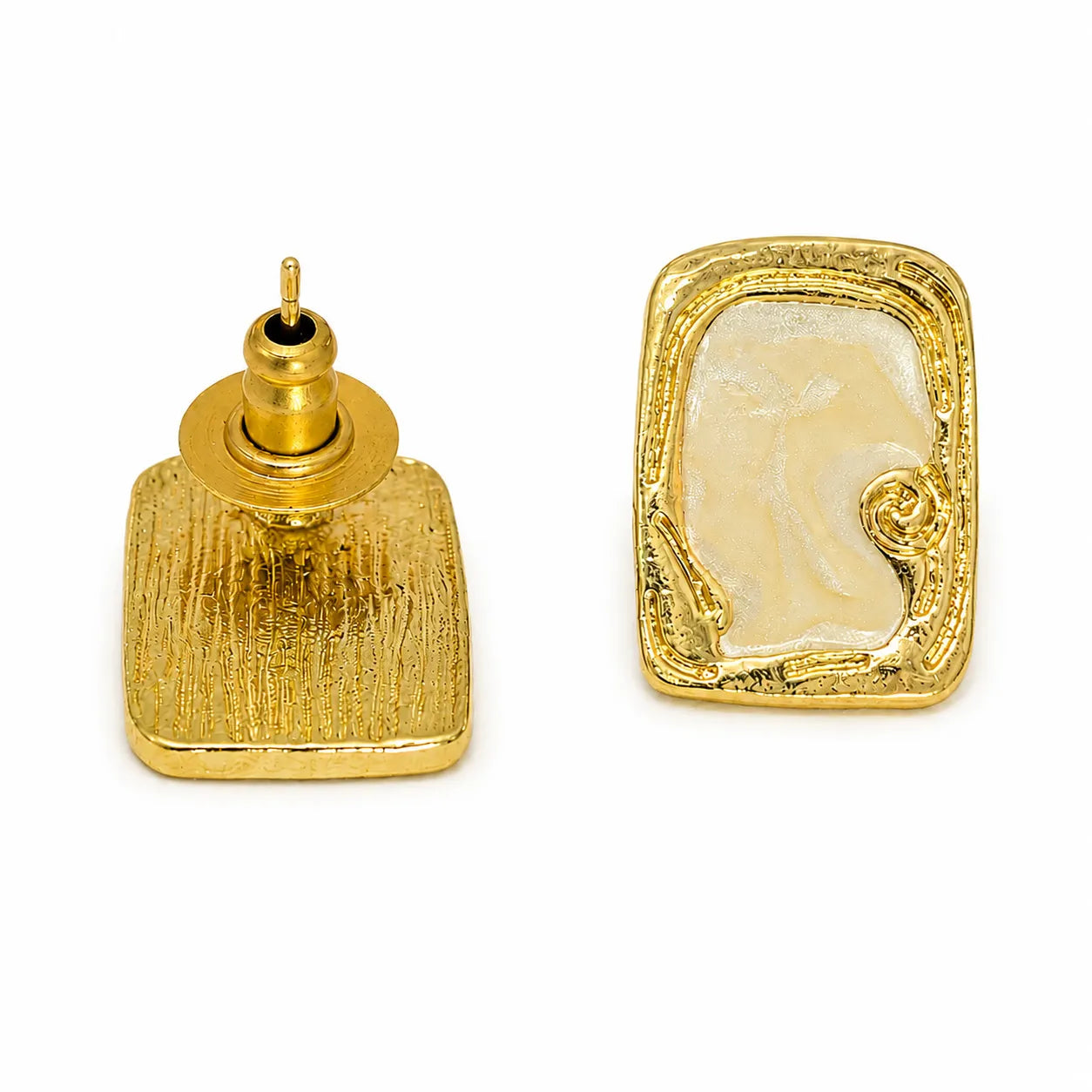 Gold-colored earring with a textured design on a white background