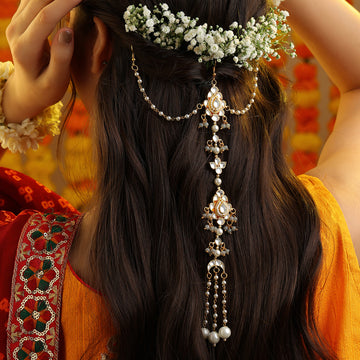 Sitara Kalgi Kundan Flower Pearl Cascade Hair Tassel