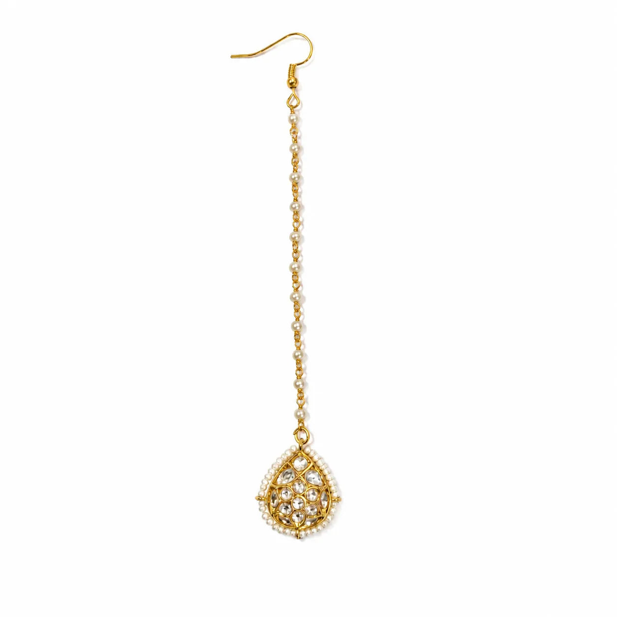 Gold earring with teardrop-shaped pendant on a white background