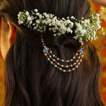 Neel Lehar Blue Stone Pearl Triple Chain Hair Drape