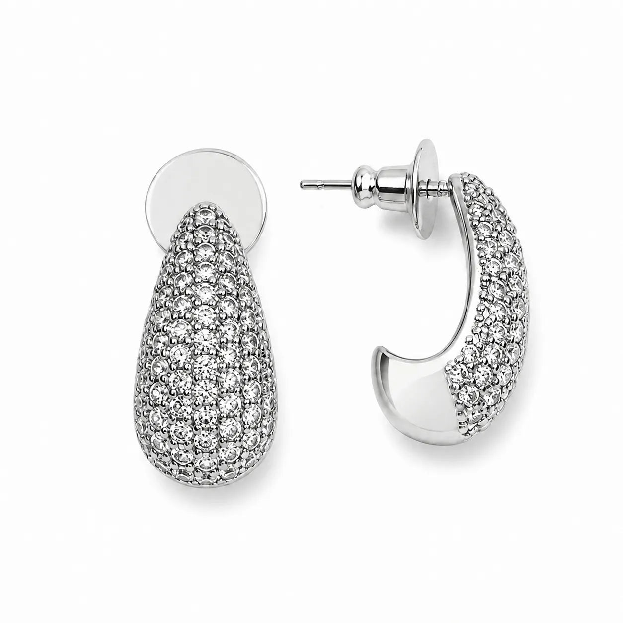 Silver hoop earrings with clear gemstones on a white background