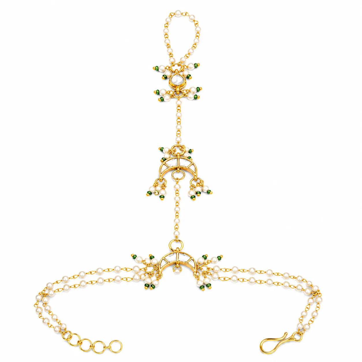 Gold bracelet with green gemstones on a white background