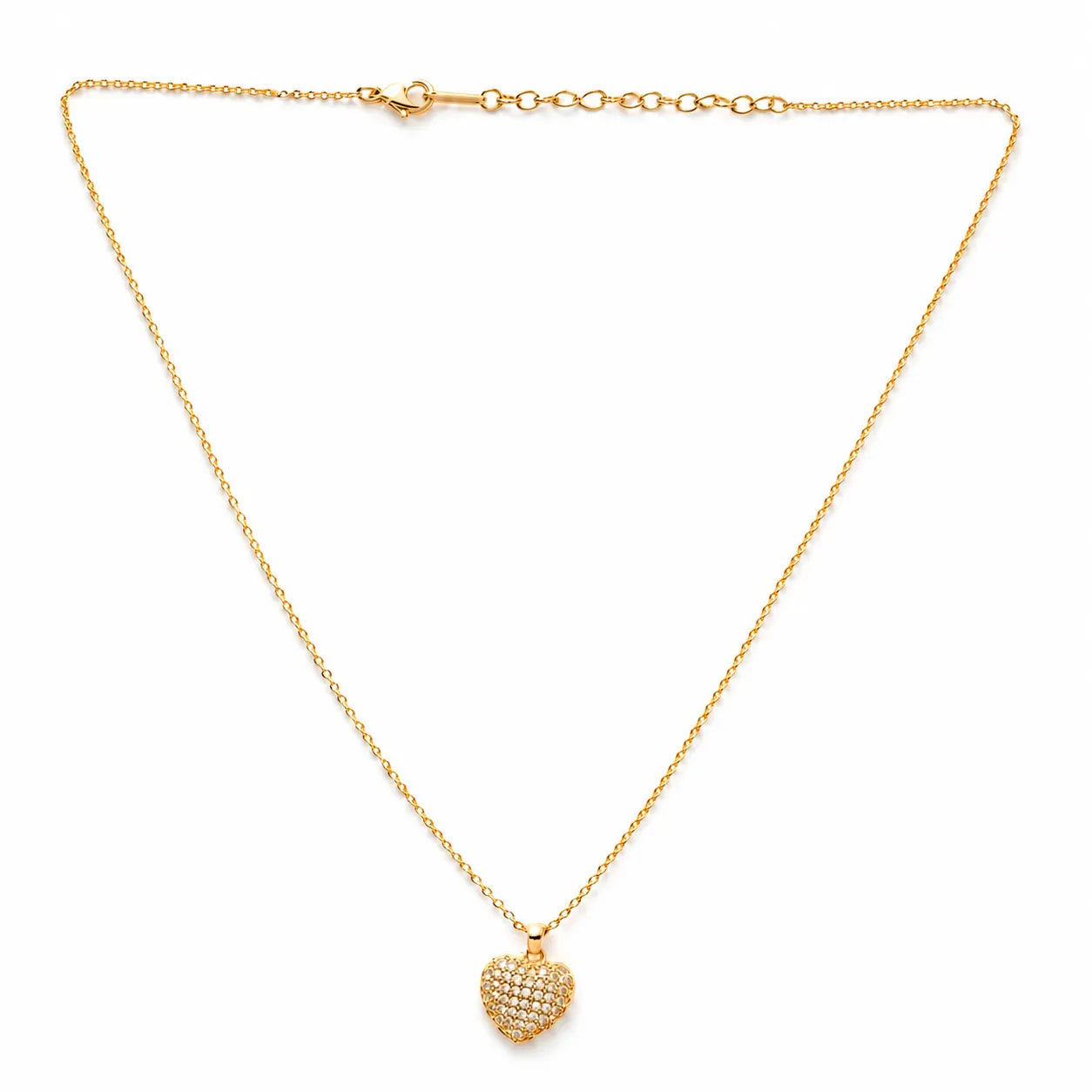 Gold necklace with a heart-shaped pendant on a white background