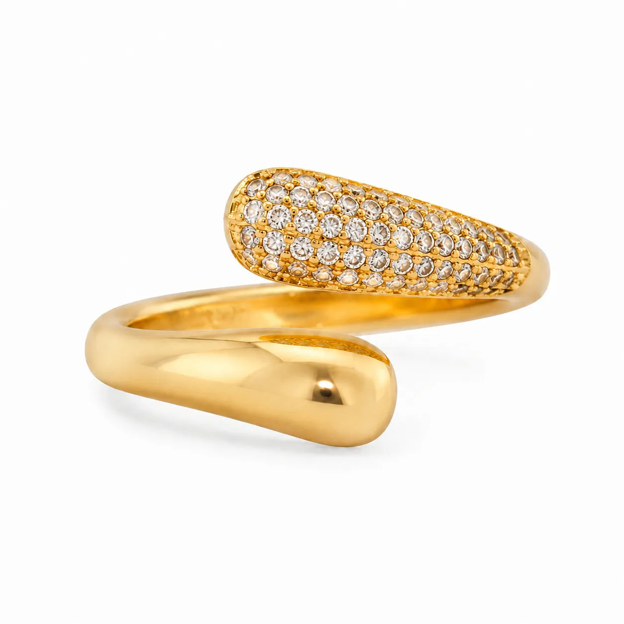 Gold ring with diamond accents on a white background