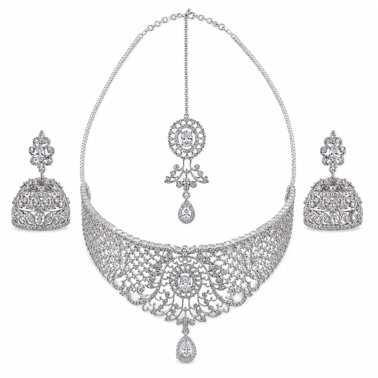 Silver necklace and earrings set on a white background