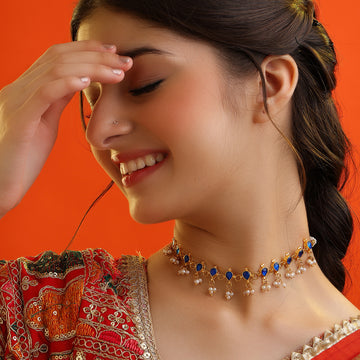 Neela Blue Teardrop Stone Choker with Pearl Drops