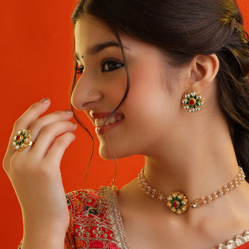 Gulzaar Phool Complete Set – Meenakari Ring, Earrings & Pearl Necklace