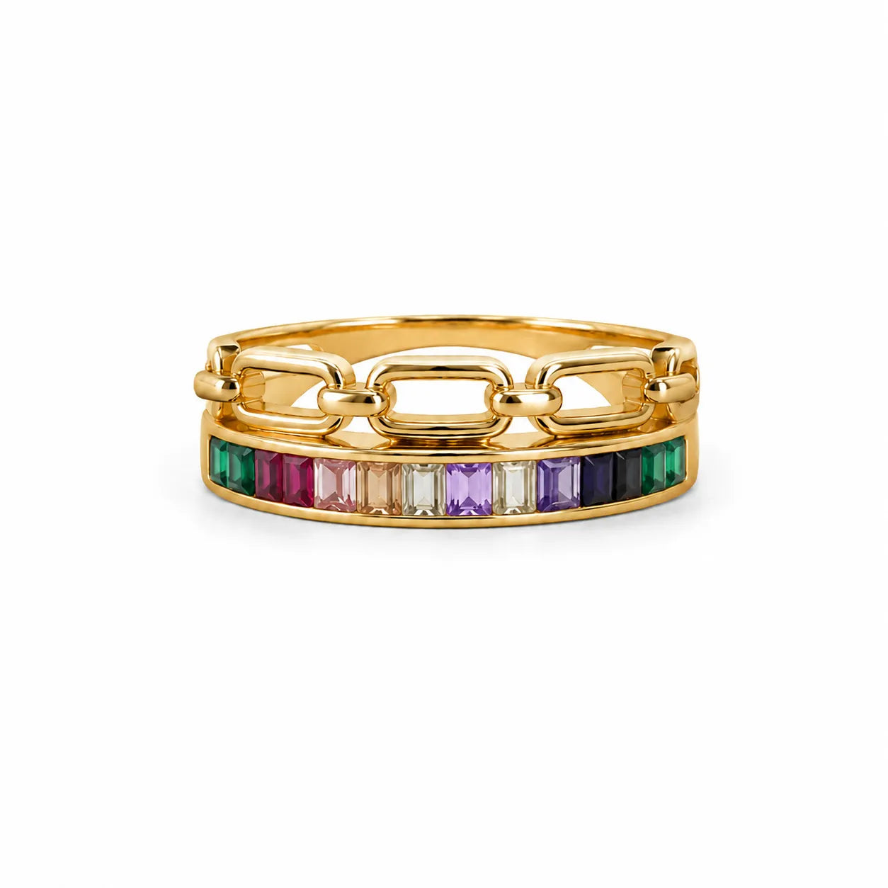 Gold ring with colorful gemstones on a white background
