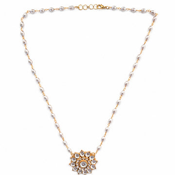 Pearl Beaded Chain Necklace with Kundan Star Flower Pendant
