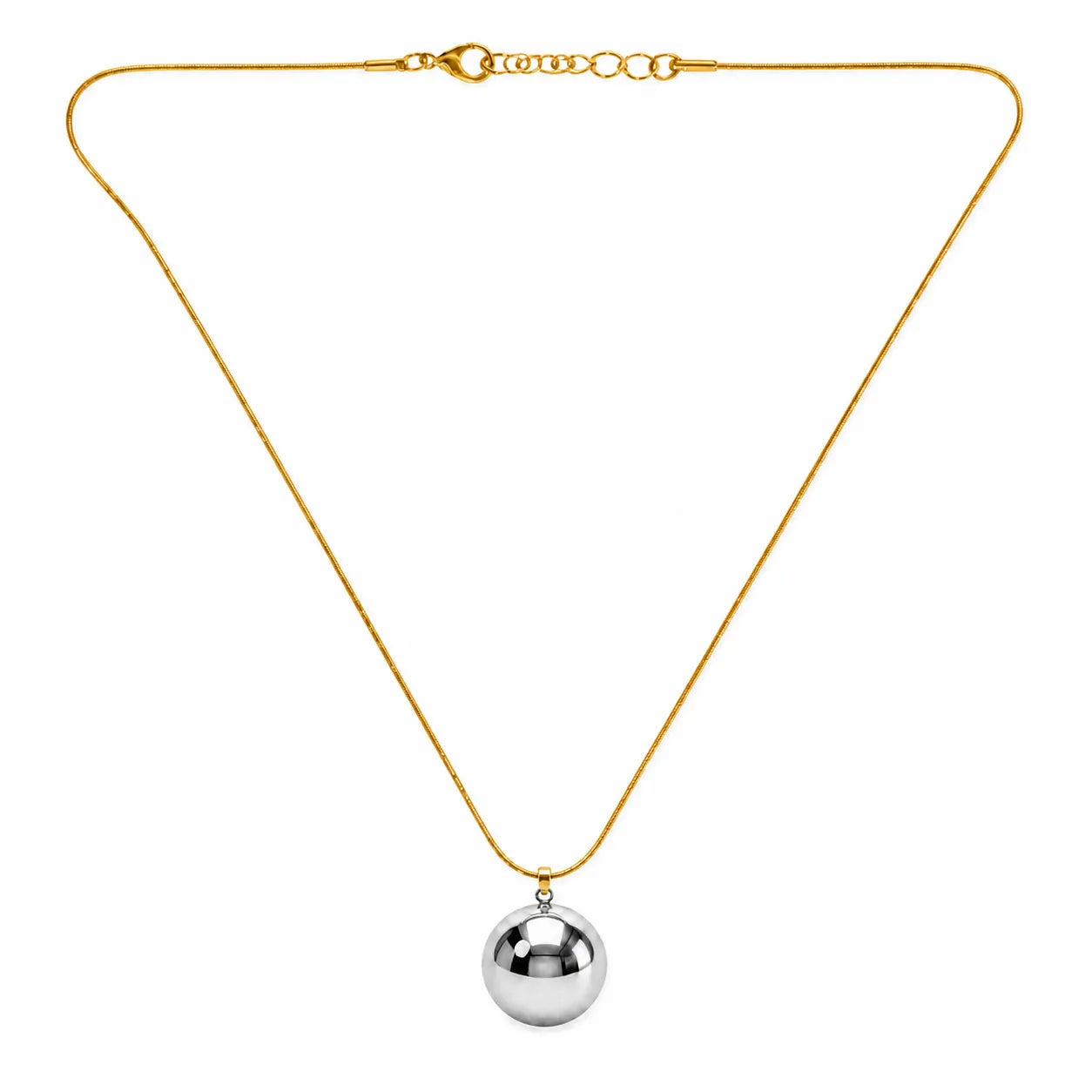 Gold necklace with a silver pendant on a white background