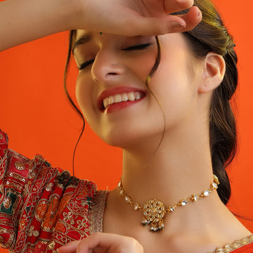 Kundan Gota Large Pendant Necklace with Pearl Drops