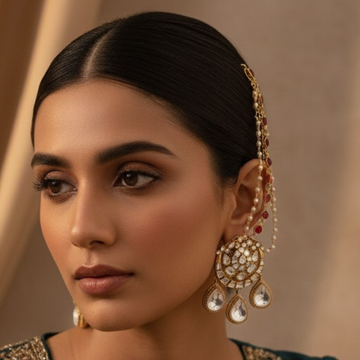 Three Pearl Layered Ear Chain in Maroon with Kundan (set of 2)