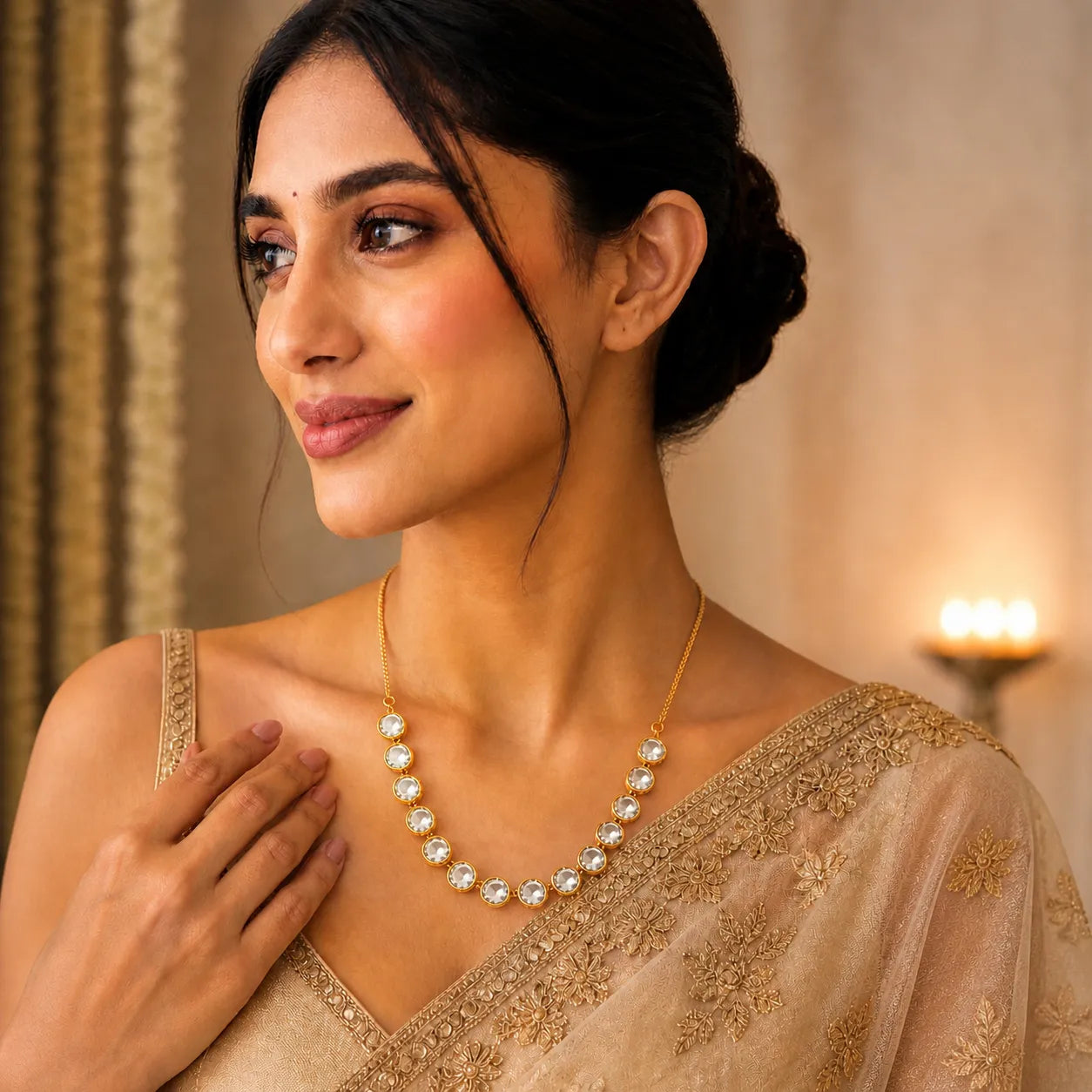 Woman wearing a gold necklace with a soft focus background