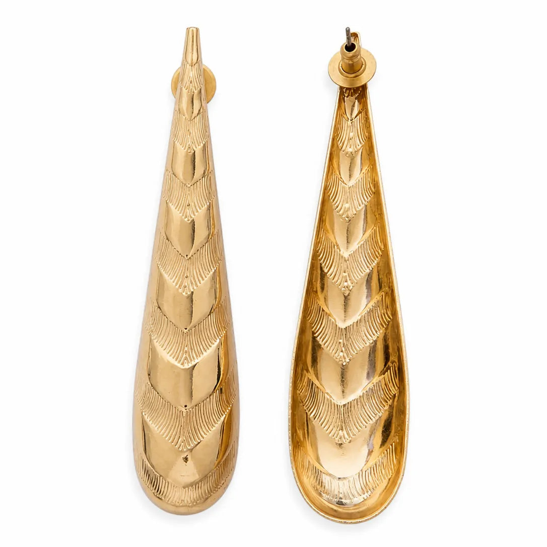 Gold teardrop earrings with textured design on a white background