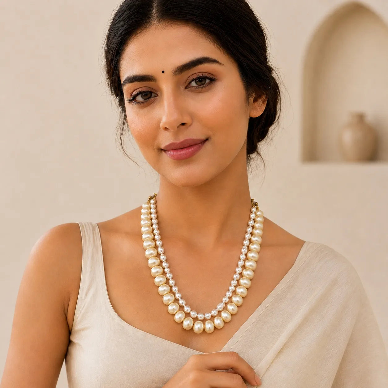 Woman wearing a pearl necklace against a neutral background