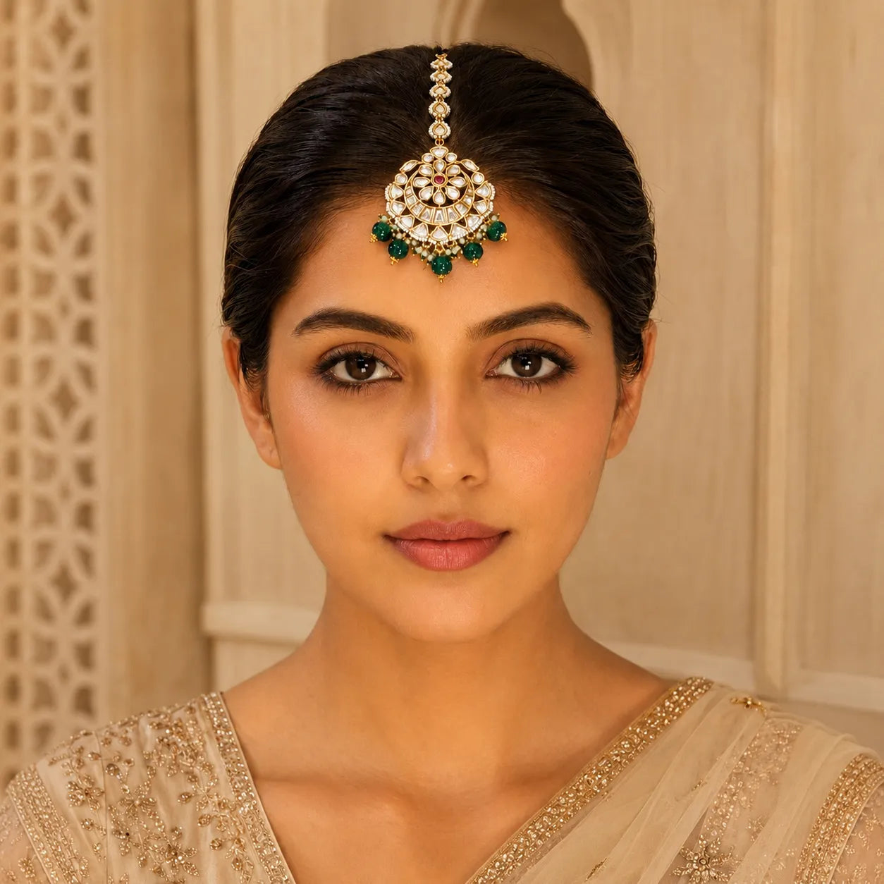 Woman wearing traditional jewelry and a saree in an elegant setting