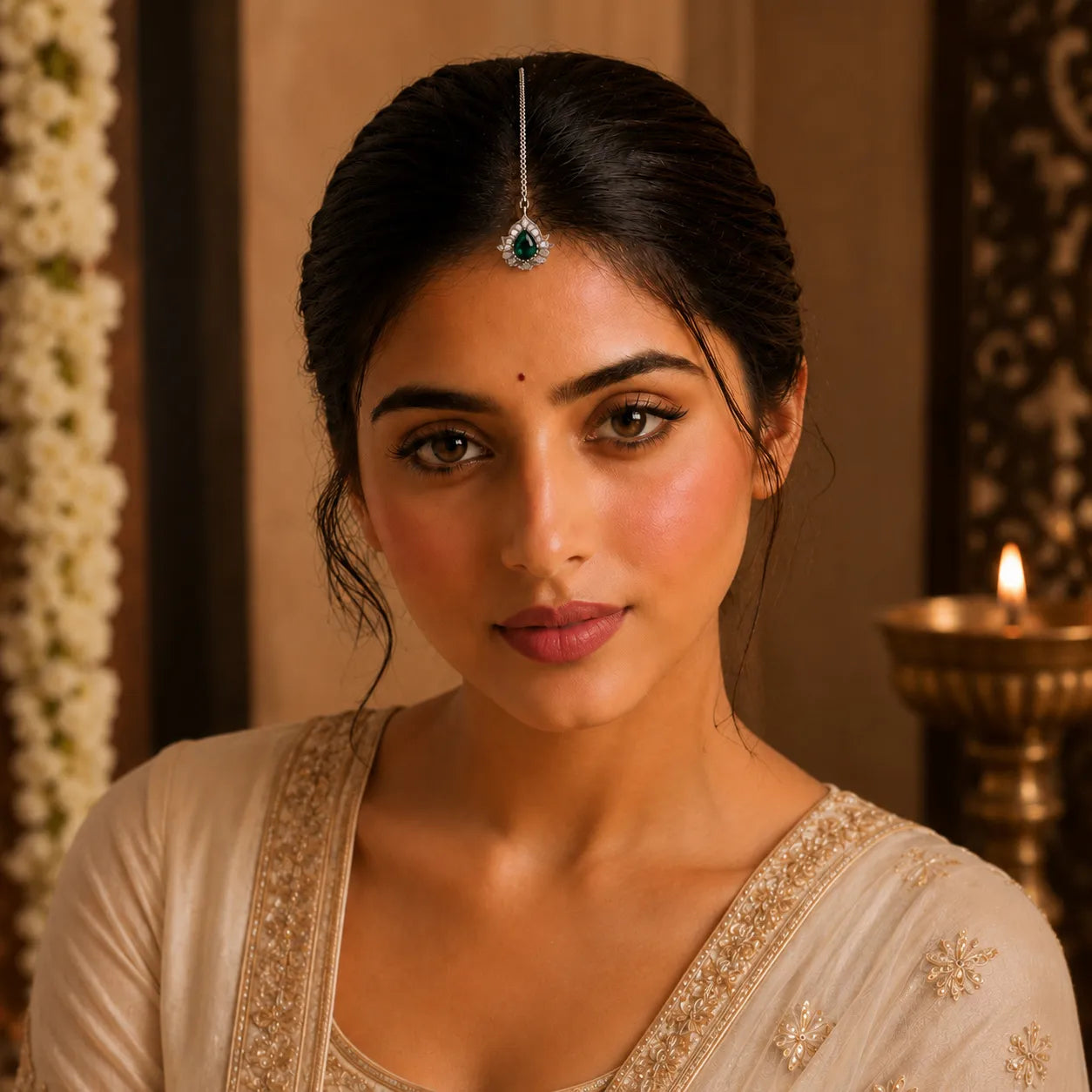 Woman in traditional attire with decorative hairpiece in a warm-toned setting