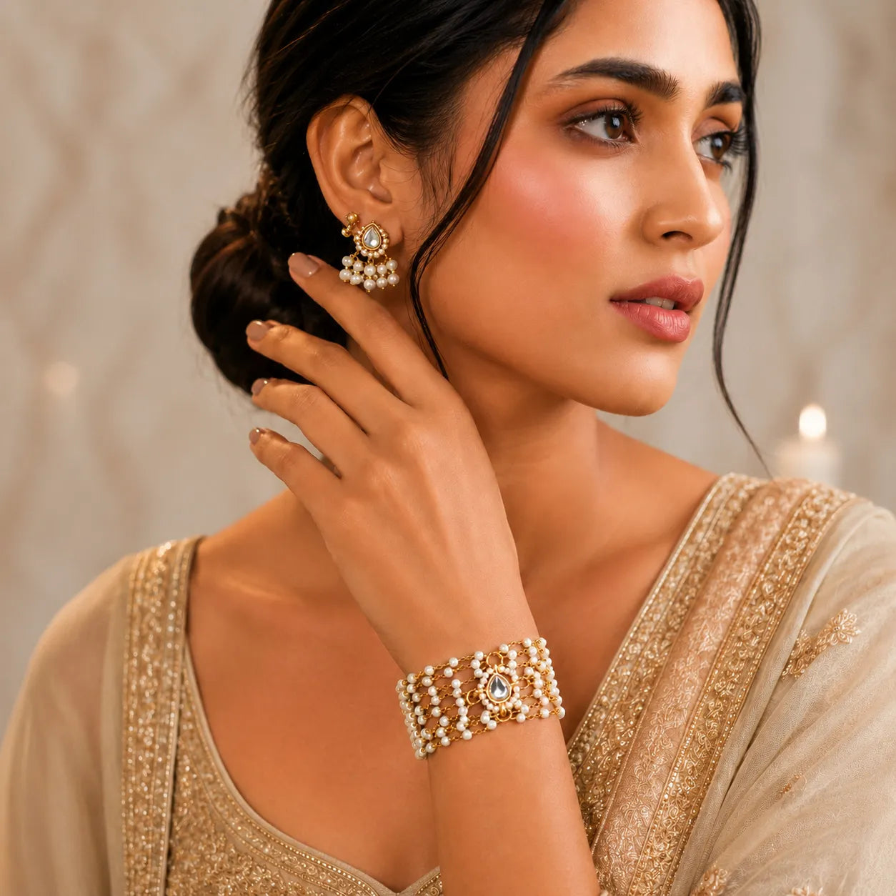 Woman wearing gold jewelry including earrings and a bracelet, with a neutral background