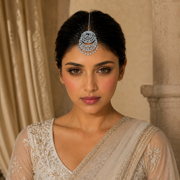 Silver CZ Grand Maang Tikka — Concentric Ring with Triangle Drops
