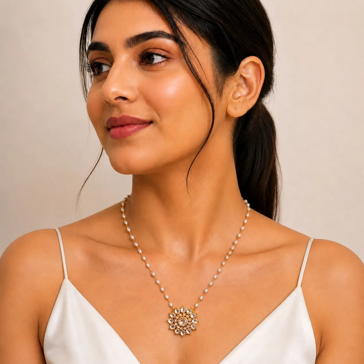 Woman wearing a pearl necklace against a beige background