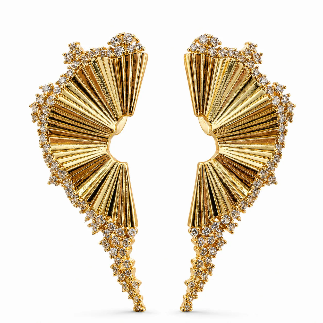 Gold earrings with fan-shaped design and diamond accents on a white background
