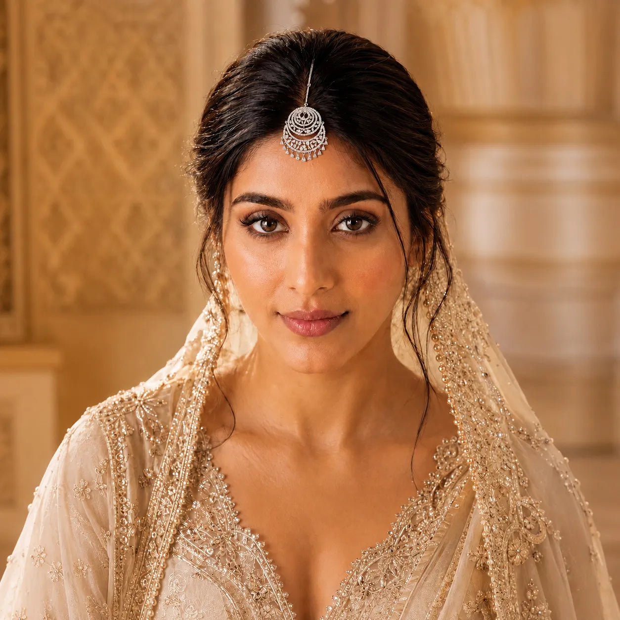 Woman wearing a traditional beige embroidered outfit with a headpiece in an ornate setting