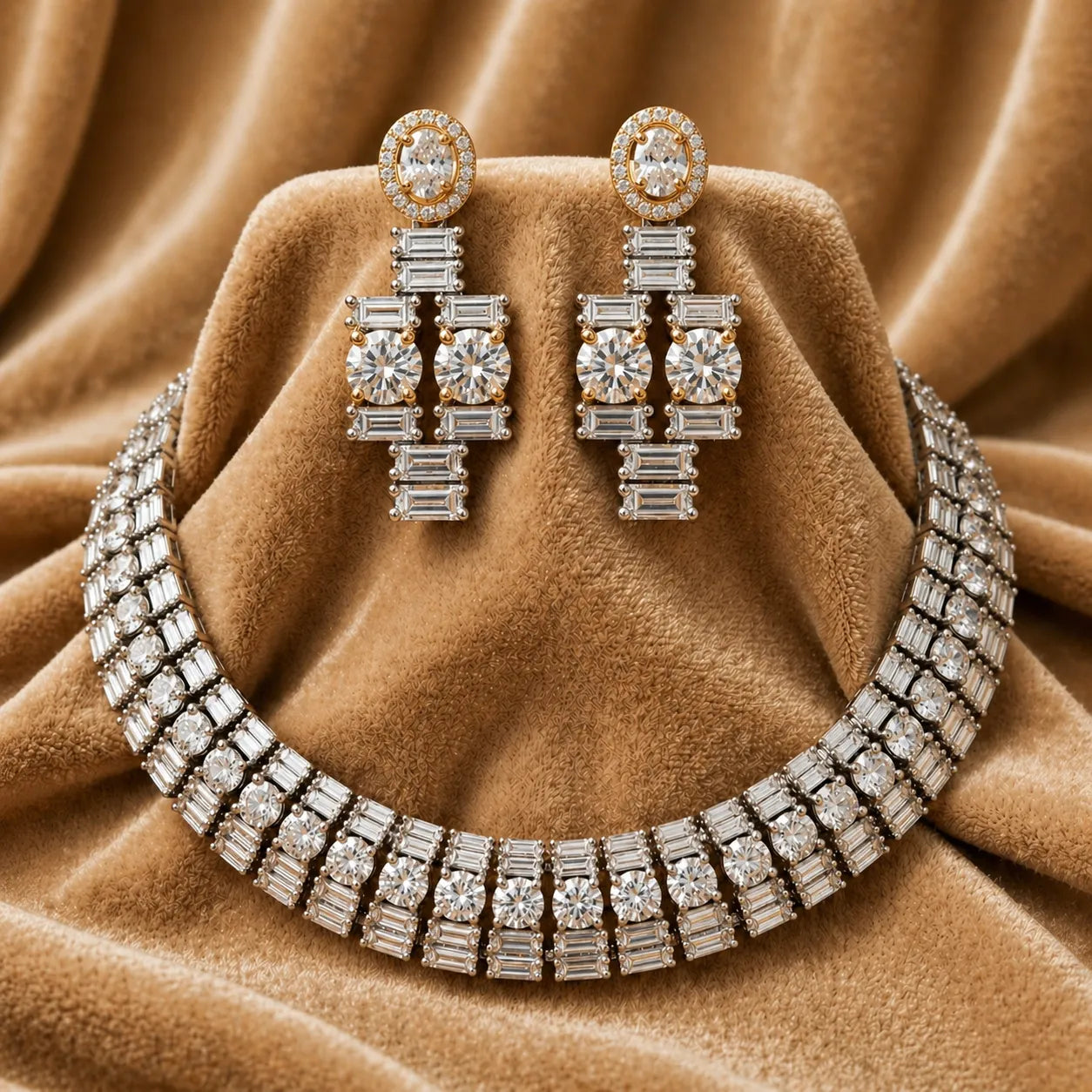 Diamond necklace and earrings on a brown fabric background