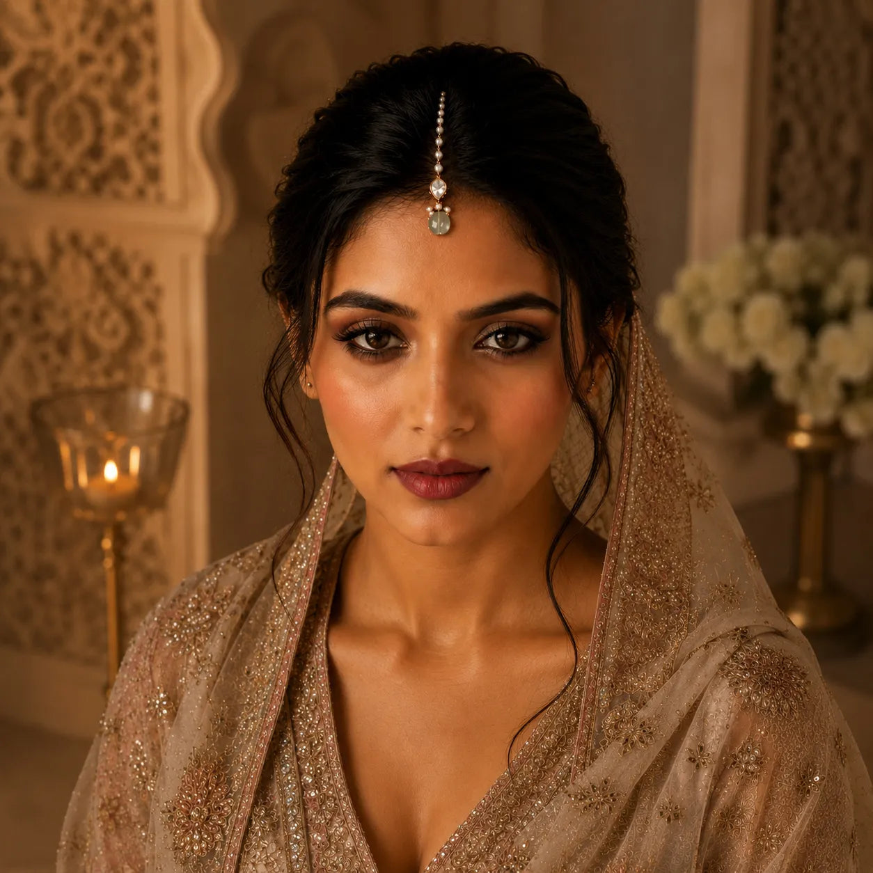 Woman in traditional attire with decorative headpiece in a warm-toned setting