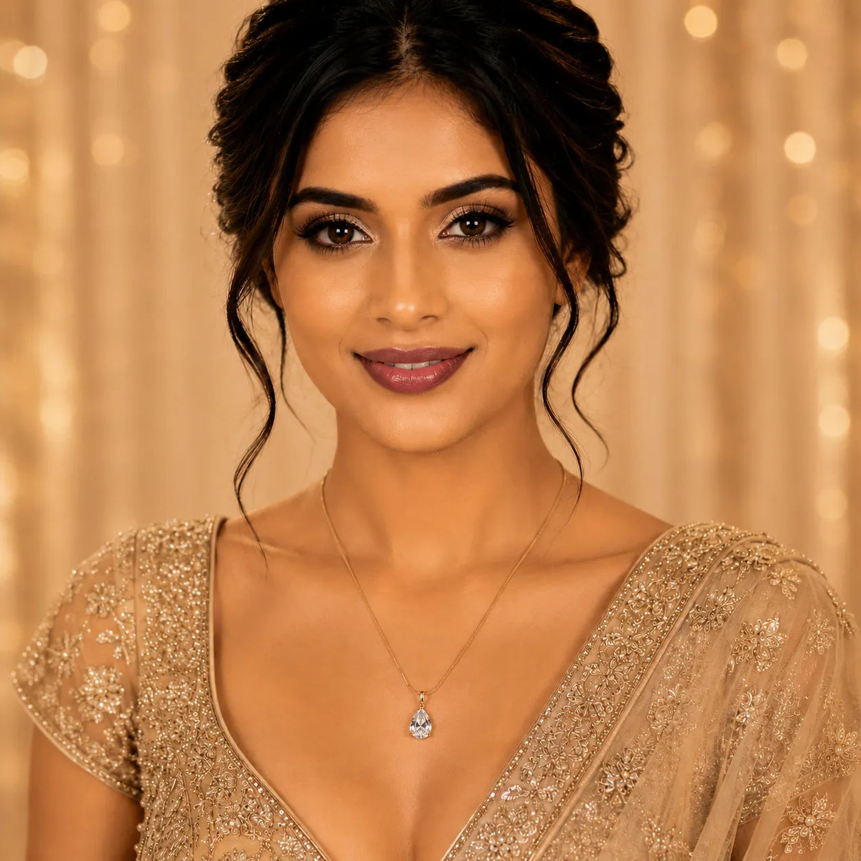 Woman wearing a gold embroidered outfit with a blurred background