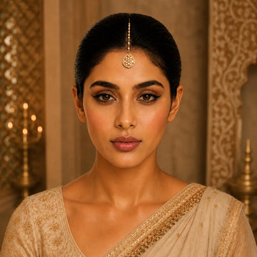 Woman wearing traditional Indian attire with a decorative headpiece against an ornate background.