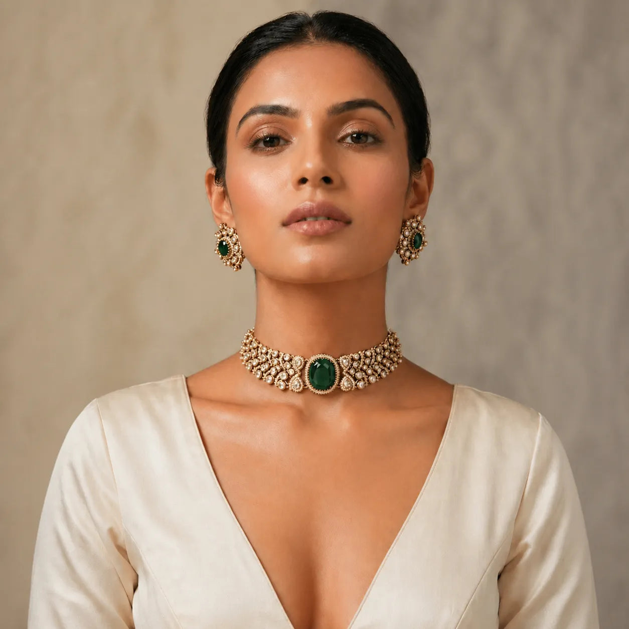 Woman wearing a gold necklace with a green gemstone against a beige background