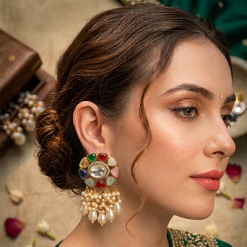Multi Kundan Drop Pearl Earrings