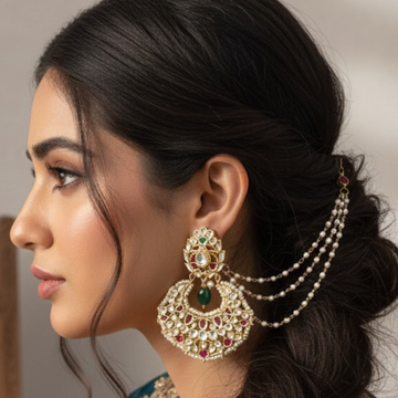 Three Layered Pearl Kaan Chain with Maroon Kundan (set of 2)