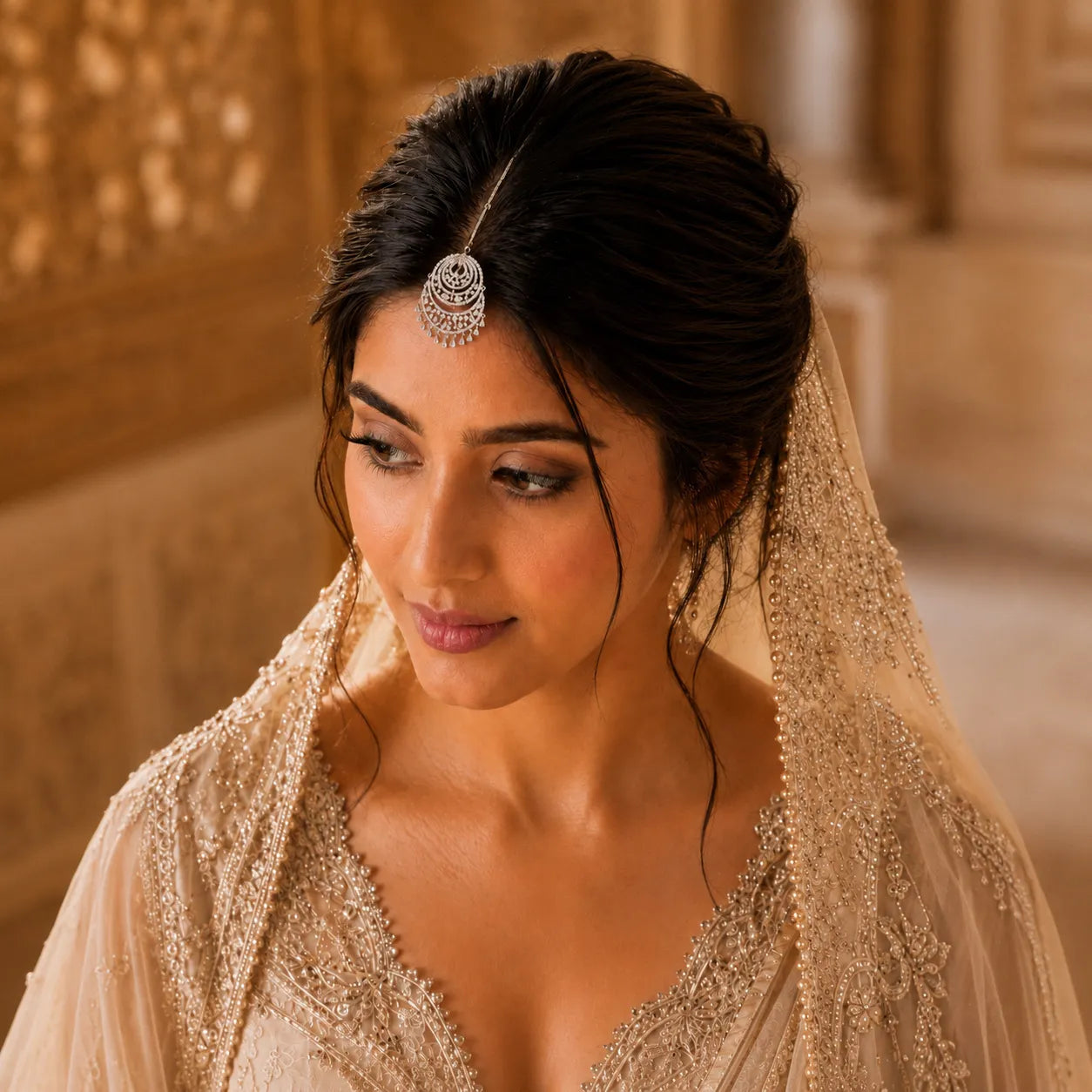Woman in a traditional outfit with a decorative headpiece in an indoor setting