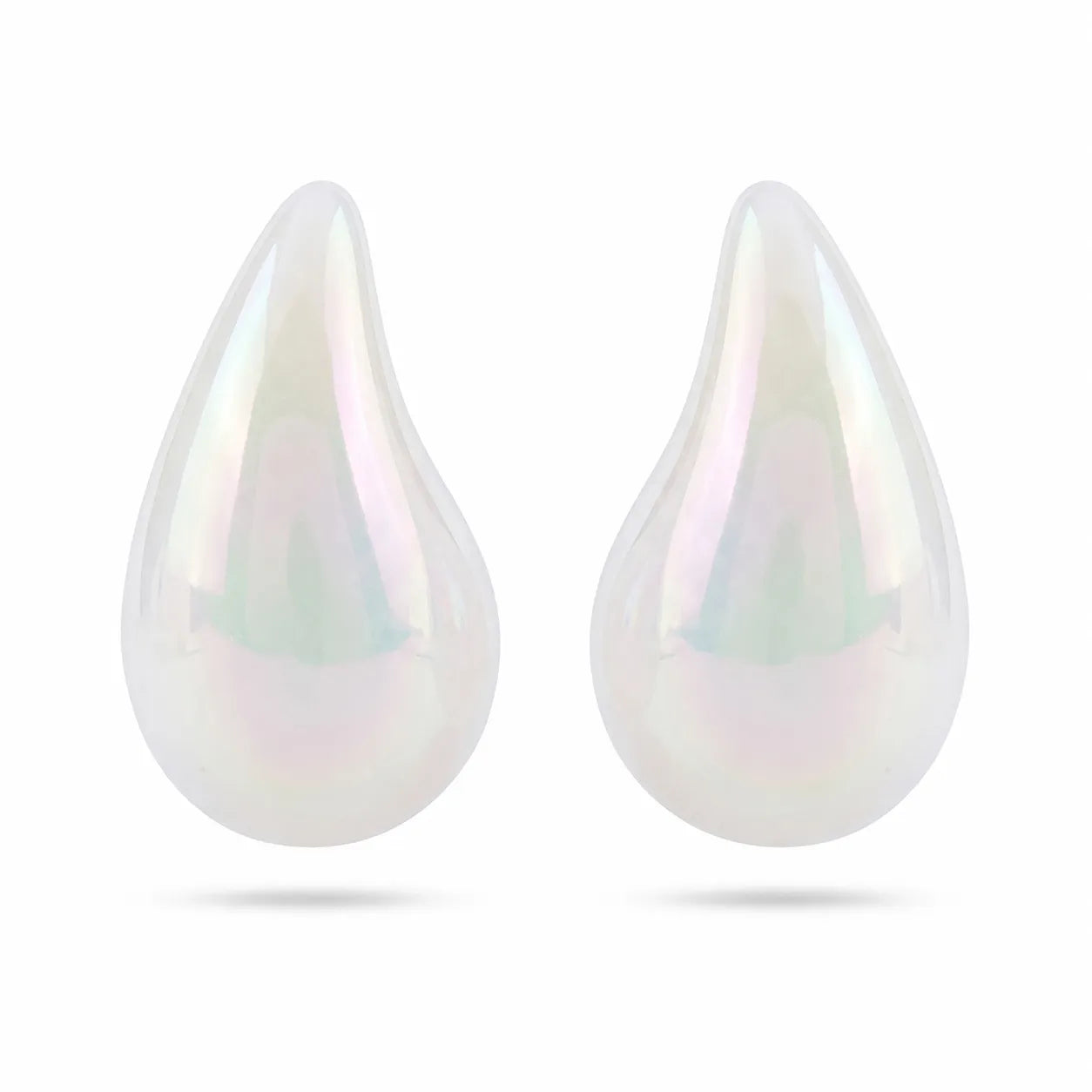 Teardrop-shaped earrings with a iridescent finish on a white background